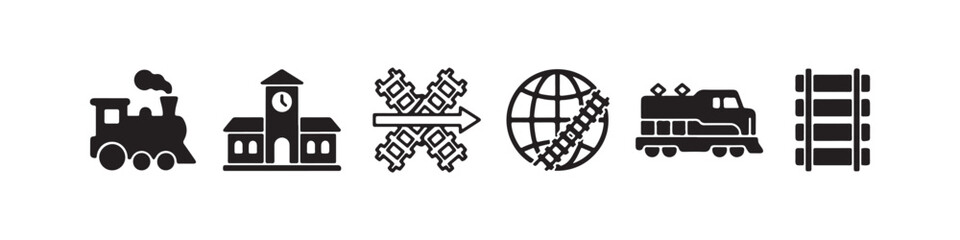 Vector icons representing railway transportation and logistics in a solid black silhouette style. The set includes a vintage steam locomotive, railroad tracks, a modern diesel train, a train station b © Ірина Гринюк