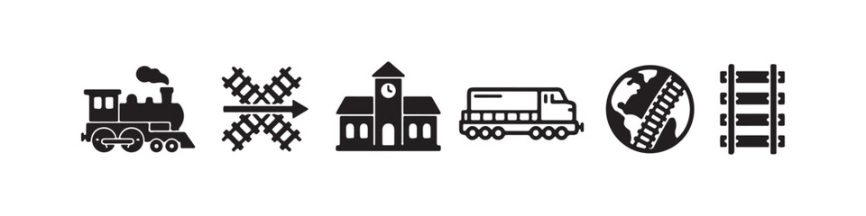 Vector icons representing railway transportation and logistics in a solid black silhouette style. The set includes a vintage steam locomotive, railroad tracks, a modern diesel train, a train station b © Ірина Гринюк