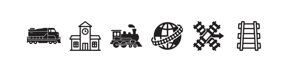 Vector icons representing railway transportation and logistics in a solid black silhouette style. The set includes a vintage steam locomotive, railroad tracks, a modern diesel train, a train station b © Ірина Гринюк