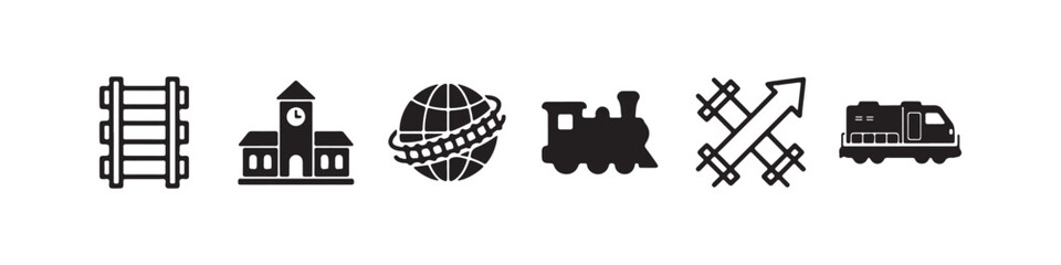 Vector icons representing railway transportation and logistics in a solid black silhouette style. The set includes a vintage steam locomotive, railroad tracks, a modern diesel train, a train station b © Ірина Гринюк