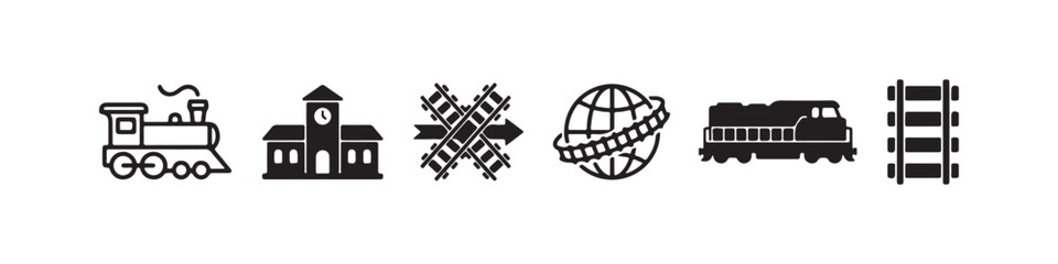 Vector icons representing railway transportation and logistics in a solid black silhouette style. The set includes a vintage steam locomotive, railroad tracks, a modern diesel train, a train station b © Ірина Гринюк