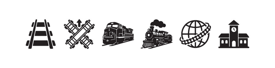 Vector icons representing railway transportation and logistics in a solid black silhouette style. The set includes a vintage steam locomotive, railroad tracks, a modern diesel train, a train station b © Ірина Гринюк