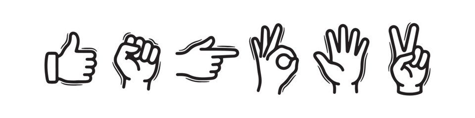Fototapeta premium Vector icons of various hand gestures in a clean, hand-drawn outline style. The set includes a thumbs up, OK sign, pointing index finger, a pointing hand, a hand pointing downward, and a hand pointing