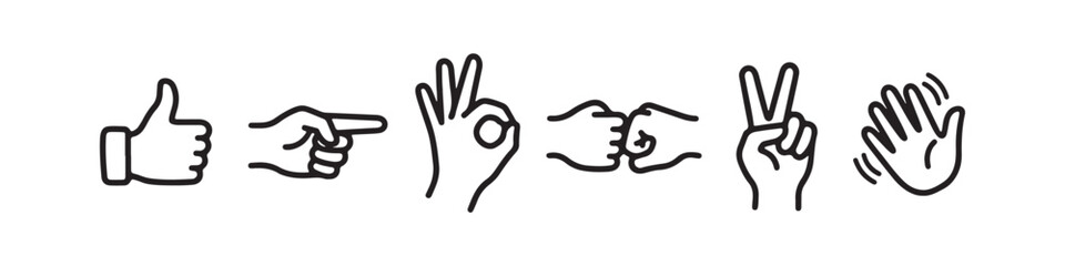 Fototapeta premium Vector icons of various hand gestures in a clean, hand-drawn outline style. The set includes a thumbs up, OK sign, pointing index finger, a pointing hand, a hand pointing downward, and a hand pointing