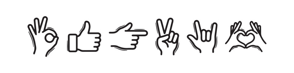 Obraz premium Vector icons of various hand gestures in a clean, hand-drawn outline style. The set includes a thumbs up, OK sign, pointing index finger, a pointing hand, a hand pointing downward, and a hand pointing