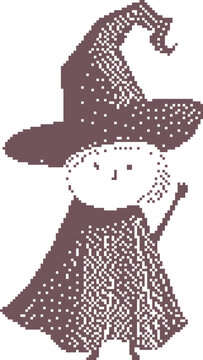 Whimsical pixel witch with pointy hat and flowing cloak in a minimalist charming design for fantasy concepts