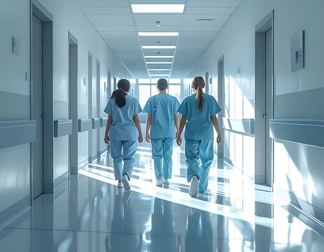 Medical staff walking down a bright hospital corridor (208)
