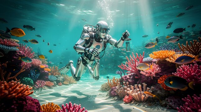 A futuristic robot diver explores a vibrant coral reef teeming with colorful fish and sunlight filtering through the ocean's surface.
