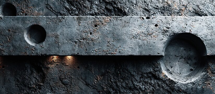 A close-up view of a weathered stone wall with horizontal recessed bands and circular perforations