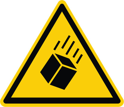 Falling objects warning sign vector, yellow triangle caution symbol for overhead hazards, industrial safety alert icon for construction sites