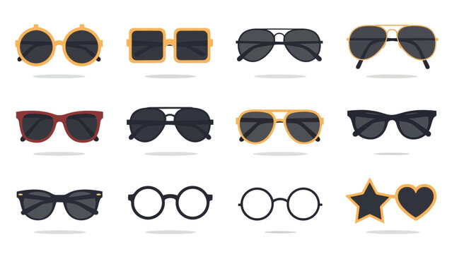 Set of various sunglasses with colorful frames and trendy styles.