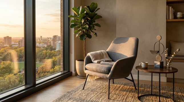 Modern grey fabric armchair with metal legs in a minimalist living room next to a large window at sunset with city views, fiddle leaf fig plant, and wooden side table.