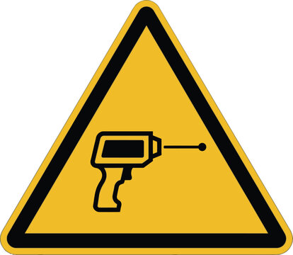 Infrared thermometer warning sign vector, yellow triangular caution symbol for laser temperature measurement, industrial safety icon for thermal scanning