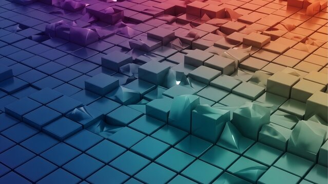 abstract 3d rendering of colorful geometric cubes with melting fluid textures on grid background
