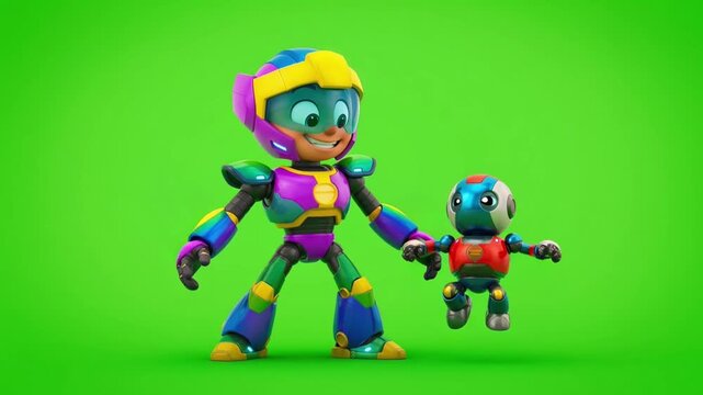 Animated robot characters with vibrant armor, one larger than the other, against a solid green background