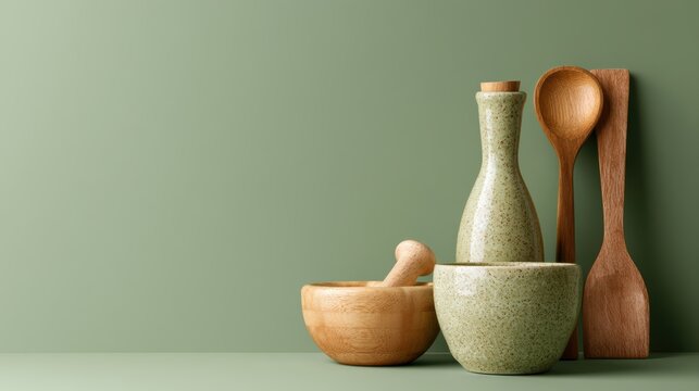Minimal kitchen with sustainable items and empty space for text, sstkgreen
