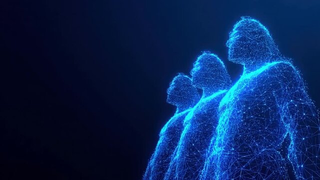 Abstract representation of three human-like figures formed from glowing particles in a futuristic scene. ..Created with Generative AI, not depicting real subjects.