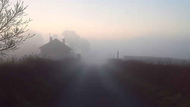 enthalpy. Misty country lane leading to a distant stone cottage. lifestyle magazines, social media lookbooks, designed for influencer and brand collaborations, used by SEO specialists.