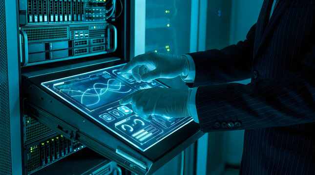 Technician using interactive screen to monitor server farm health