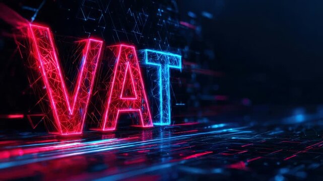 Illuminated VAT letters shine brightly against a dark backdrop, symbolizing the world of finance and taxation. ..Created with Generative AI, not depicting real subjects.