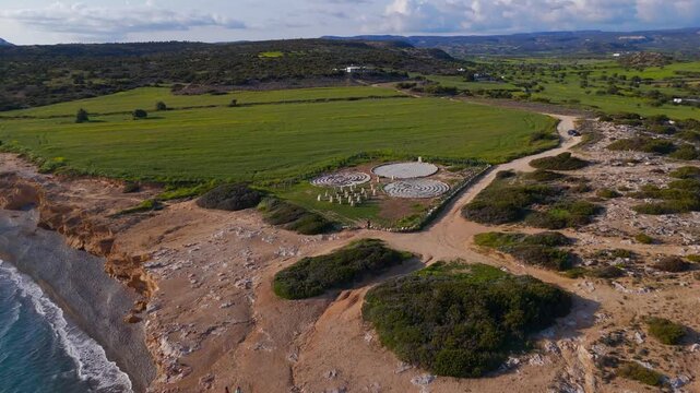 Low Aerial Tilt Down Shot of Mysterious Stone Circle Formations Near Avdimou Bay Cyprus