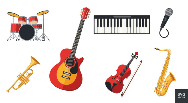 Musical Instruments Collection: Guitar, Drums, Keyboard, Saxophone, Violin, Trumpet, Microphone