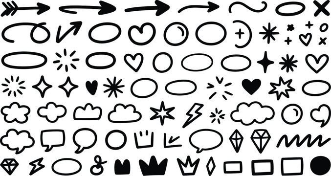 Hand drawn doodle sketch elements, arrow, star, heart shape, circle and cloud speech bubble brush decoration vector set