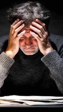 A Man Reflects on His Challenges and Emotions while Holding His Head in Dispair, Struggling with Thoughts Amidst Papers on a Table in a Dimly Lit Space