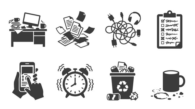 Black icons of office supplies.
