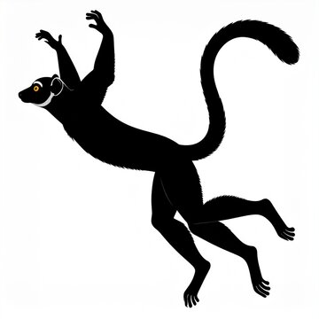 Black lemur monkey swinging with long tail in mid air