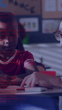 Vertical video: Teacher pointing at paper student writing pencil red code highlighting classwork
