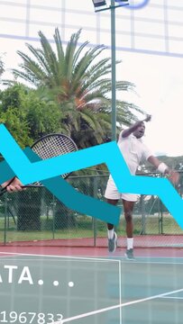 Vertical video: Back player tossing ball, serving, left player volleying under tennis-data training