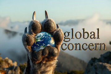 Fototapeta premium A cat's paw is superimposed over a globe, conveying global concern for the environment.
