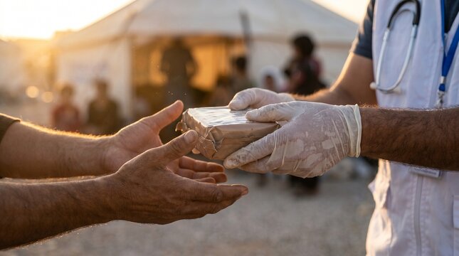 Humanitarian Aid Worker Handing Relief Package to Refugee in Camp at Sunset