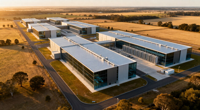 Large-scale server campus with multiple buildings in a peaceful rural area