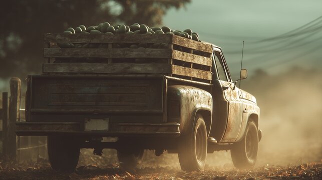 Vintage Truck with Harvest: A weathered vintage truck, laden with a bountiful harvest, navigates a dusty country road, the embodiment of rustic charm and agricultural heritage.