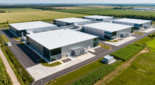 Futuristic data center facilities in a rural area with vast open land