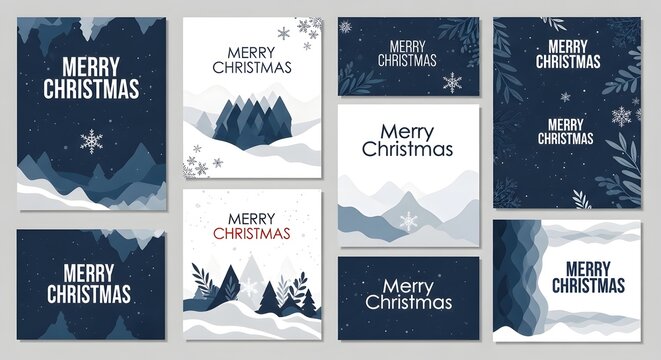 Festive Christmas Card Collection with Snowy Mountain Scenes and Holiday Greetings.