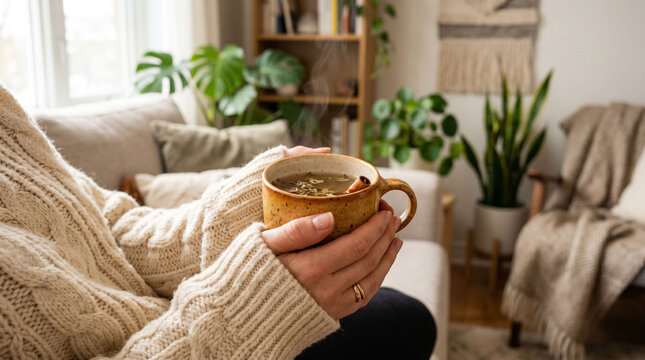 Woman holding a cup of coffee.