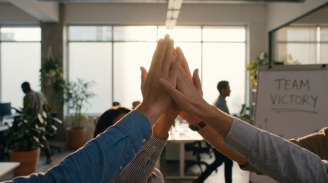 Diverse business team joining hands for a group high five in a sunny office. Teamwork, collaboration and unity concept for corporate success and partnership.