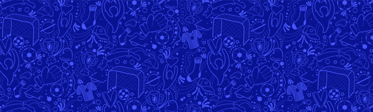 Doodle hand drawn seamless pattern various soccer elements with balls, jerseys, goals, hat, football whistle, sports equipment games training, scribbles line blue flat background monochrome vector