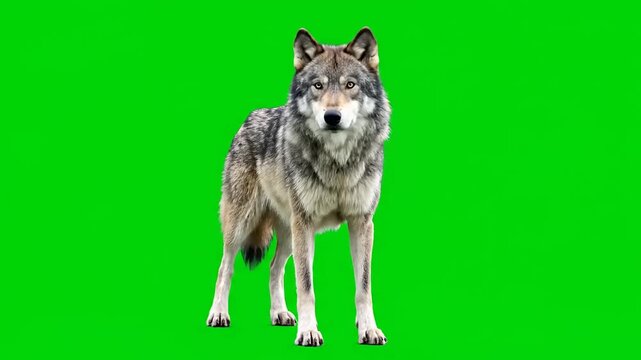 A majestic wolf walks across a vibrant green screen background.