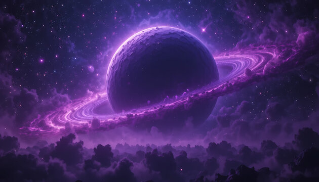 Purple planet with glowing ring system in a starry night sky stars