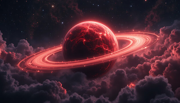 Red planet with glowing ring system in space, surrounded by clouds and stars