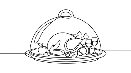 Fototapeta premium Continuous line art of a festive roasted turkey dinner with wine, elegantly presented under a serving cloche, perfect for holiday gourmet dining