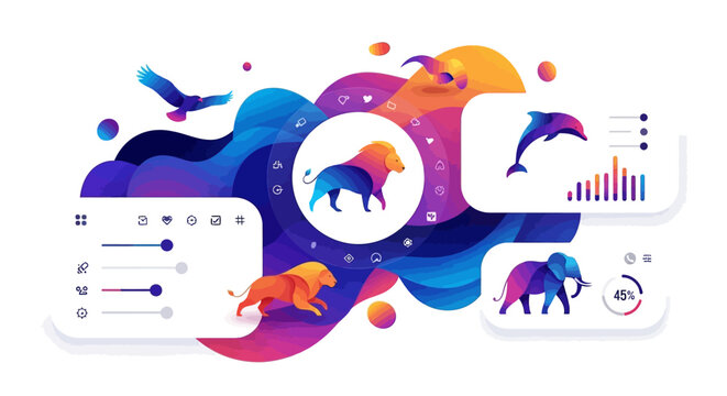 Abstract illustration of diverse animals and charts on white background