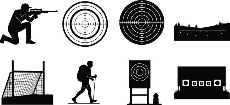 Sniper shooter and shooting range training icons vector illustration silhouette black set of.