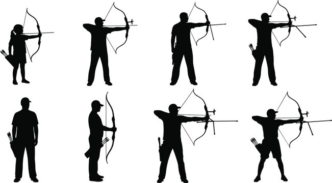 Archer collection silhouette vector illustration of professional athletes aiming with bows.