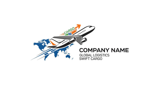 Air cargo transport logo with airplane and world map design element