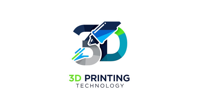 3D Printing Technology Logo with Stylized Pen and Abstract Shapes